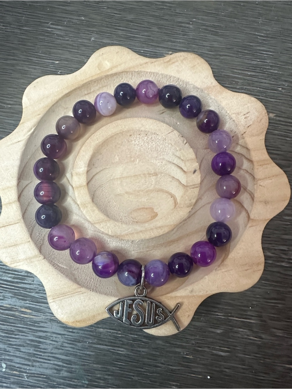 Purple Agate Beaded Bracelet with JESUS Fish Charm - Women Jewelry